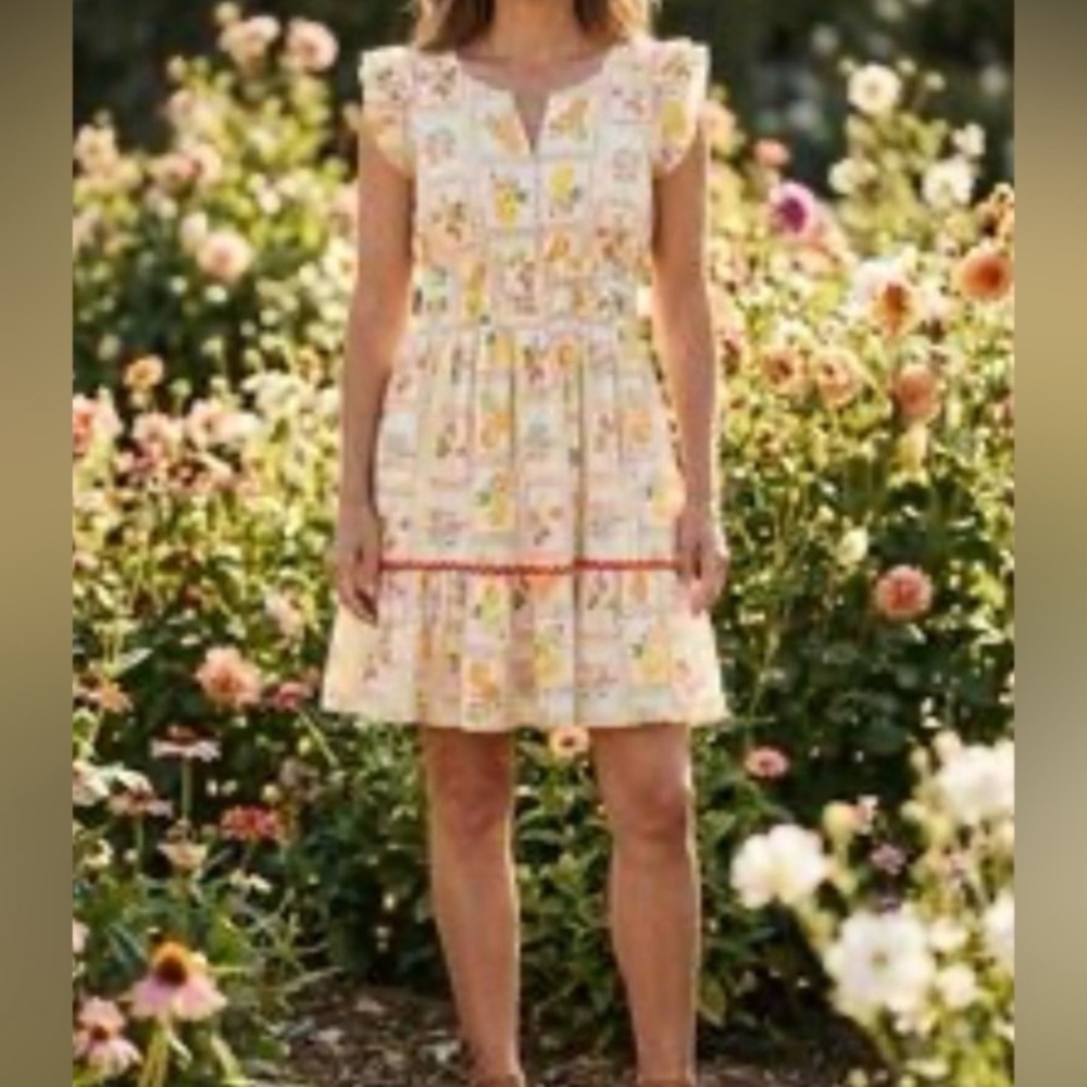 Rachel Zoe NWT Cream Fruit Floral Tiered Mini Dress Flutter Sleeve Women’s 4